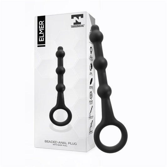 Elmer Beaded Butt Plug with Easy Pull Ring Silicone Black