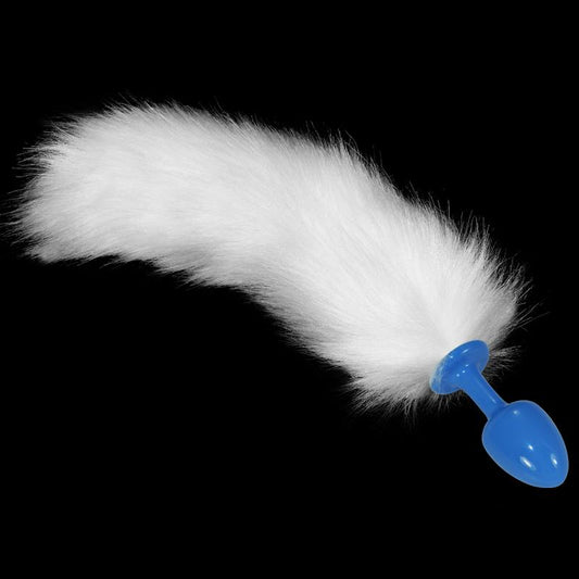 Metal Butt Plug Blue with White Fox Tail