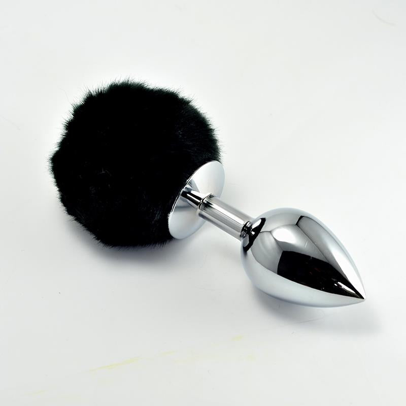 Metal Butt Plug with Black Pompon Size L